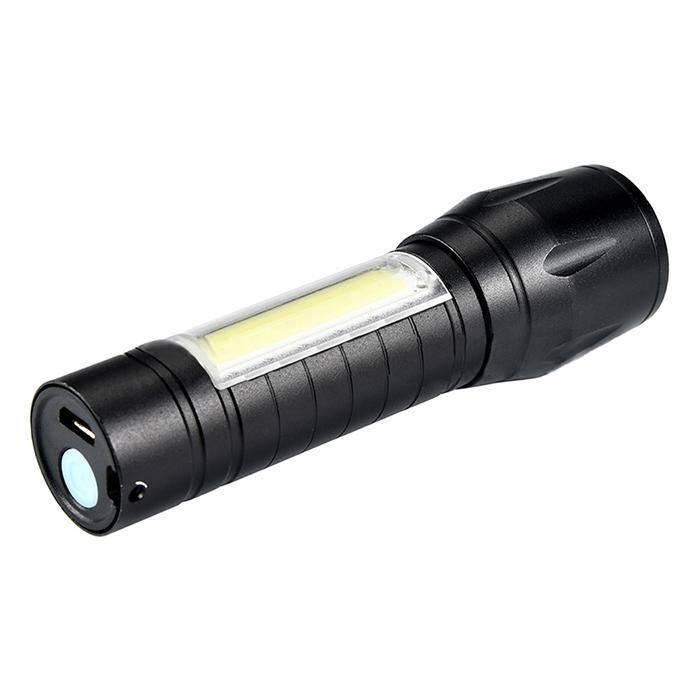 Portable Mini Telescopic Zoom Xpe COB LED Main Light White Light - a black handheld flashlight featuring a side COB light panel, a rear power button, and a charging port.