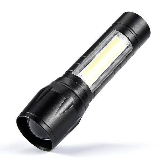 Portable Mini Telescopic Zoom Xpe COB LED Main Light White Light - a black, cylindrical flashlight featuring a front lens and a rectangular side-mounted COB light.