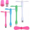 Portable Mini USB Fan - shown in pink, blue, green, and white, featuring a flexible neck, two-blade propeller, and a USB connector.