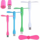 Portable Mini USB Fan - shown in pink, blue, green, and white, featuring a flexible neck, two-blade propeller, and a USB connector.