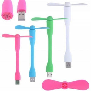 Portable Mini USB Fan - shown in pink, blue, green, and white, featuring a flexible neck, two-blade propeller, and a USB connector.