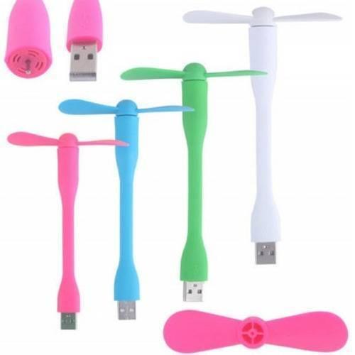 Portable Mini USB Fan - shown in pink, blue, green, and white, featuring a flexible neck, two-blade propeller, and a USB connector.