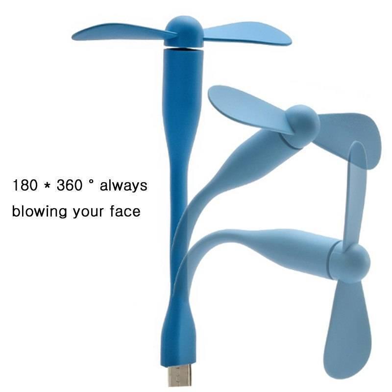 Portable Mini USB Fan - a blue flexible fan with a USB connector, shown in three different bent positions with text overlay describing its rotation.
