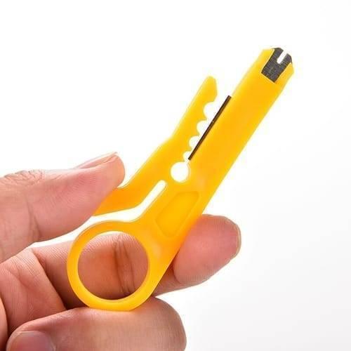 Portable Mini Wire Stripper Flat Nose Cable Cutter - shown as a yellow plastic handheld tool with a finger ring and an integrated metal cutting blade.