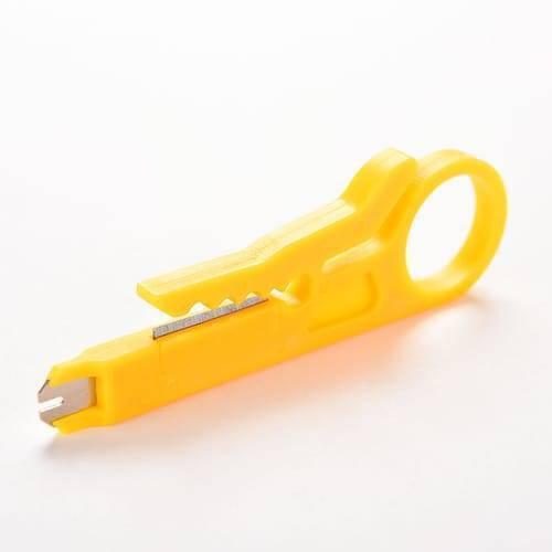 Portable Mini Wire Stripper Flat Nose Cable Cutter - a yellow plastic hand tool featuring a ring handle, a side blade, and a front-facing cutting notch.