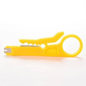 Portable Mini Wire Stripper Flat Nose Cable Cutter - a yellow plastic handheld tool featuring a finger loop, a cutting blade, and a notched metal tip.