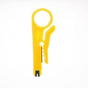 Portable Mini Wire Stripper Flat Nose Cable Cutter - shown as a yellow plastic handheld tool with a ring handle, a side-mounted blade, and a notched tip.