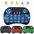 Portable Mini Wireless Keyboard Controller With Touchpad Mouse Combo And Backlight - shown in blue, red, and green lighting modes with system icons above.