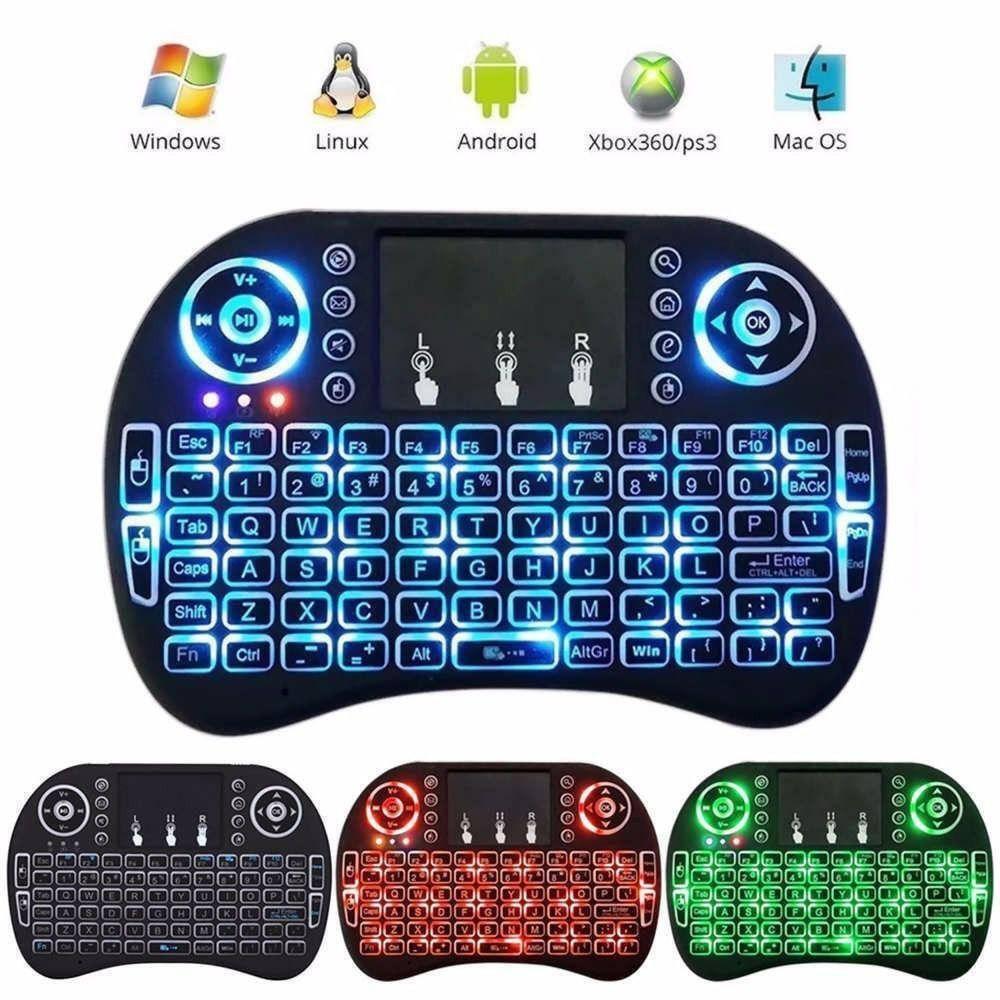 Portable Mini Wireless Keyboard Controller With Touchpad Mouse Combo And Backlight - shown in blue, red, and green lighting modes with system icons above.