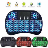 Portable Mini Wireless Keyboard Controller With Touchpad Mouse Combo And Backlight - shown in blue, red, and green lighting modes with system icons above.