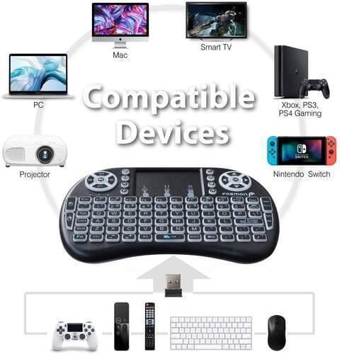 Portable Mini Wireless Keyboard Controller With Touchpad Mouse Combo And Backlight - a diagram of the black device connecting to various electronics and accessories.