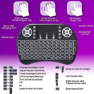 Portable Mini Wireless Keyboard Controller With Touchpad Mouse Combo And Backlight - a black wireless keyboard with a central touchpad, navigation arrows, media keys, and backlight instructions.