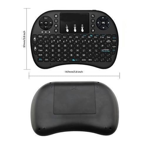 Portable Mini Wireless Keyboard Controller With Touchpad Mouse Combo And Backlight - the front and back views of the black device with dimensions of 147mm by 97mm indicated.