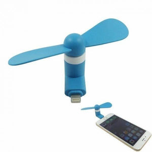 Portable USB Mini Fan For Iphone 5/5s/6/6s/6s Plus - shown as a blue two-blade fan with a Lightning connector and attached to a smartphone in the corner.