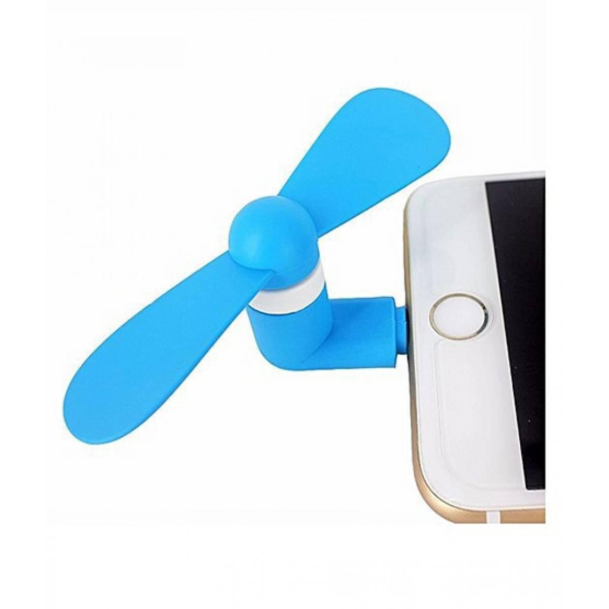 Portable USB Mini Fan For Iphone 5/5s/6/6s/6s Plus - shown as a blue two-blade fan connected to the charging port of a white smartphone.