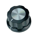 Potentiometer Knob Cap Inner 6mm Rotary Switch - a black circular knob with a silver-toned grooved metal top and a white indicator line on the side.