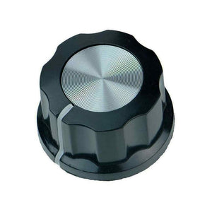 Potentiometer Knob Cap Inner 6mm Rotary Switch - a black circular knob with a silver-toned grooved metal top and a white indicator line on the side.