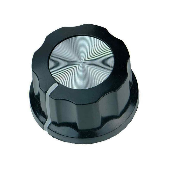 Potentiometer Knob Cap Inner 6mm Rotary Switch - a black circular knob with a silver-toned grooved metal top and a white indicator line on the side.