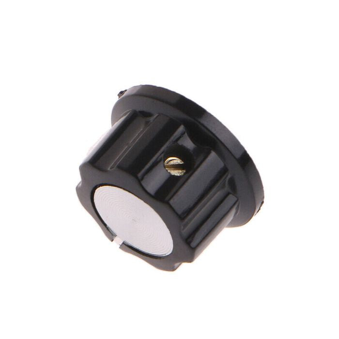Potentiometer Knob Cap Inner 6mm Rotary Switch - a black circular knob with a silver top insert and a visible side-mounted metal set screw.