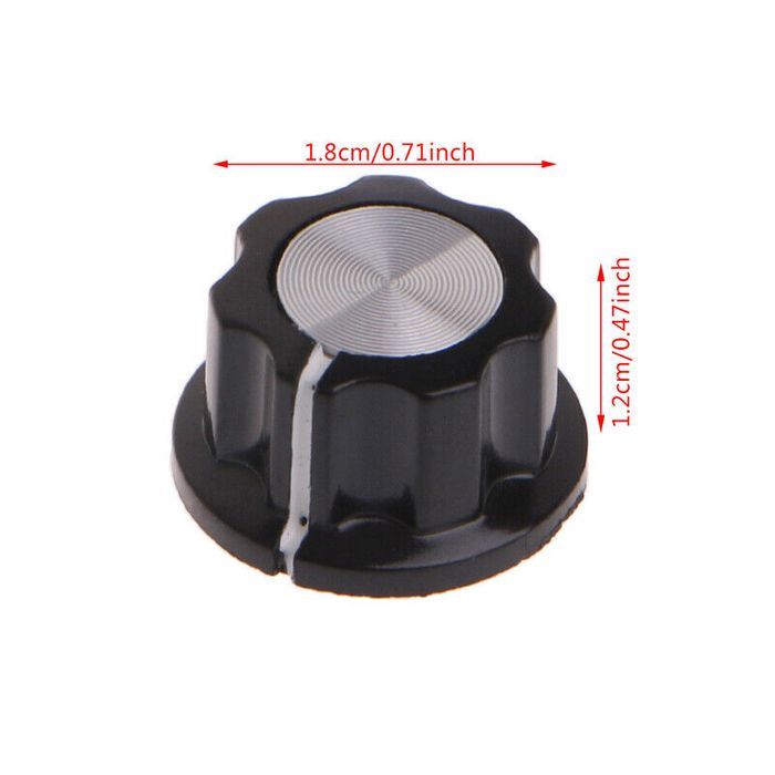 Potentiometer Knob Cap Inner 6mm Rotary Switch - shown in a dimension diagram with a black fluted body, silver top, and white indicator line.