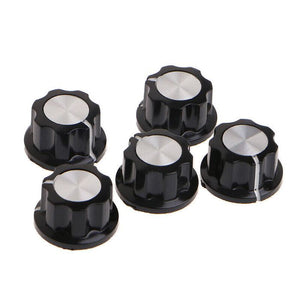 Potentiometer Knob Cap Inner 6mm Rotary Switch - a set of five black plastic knobs with silver circular tops and a white indicator line.
