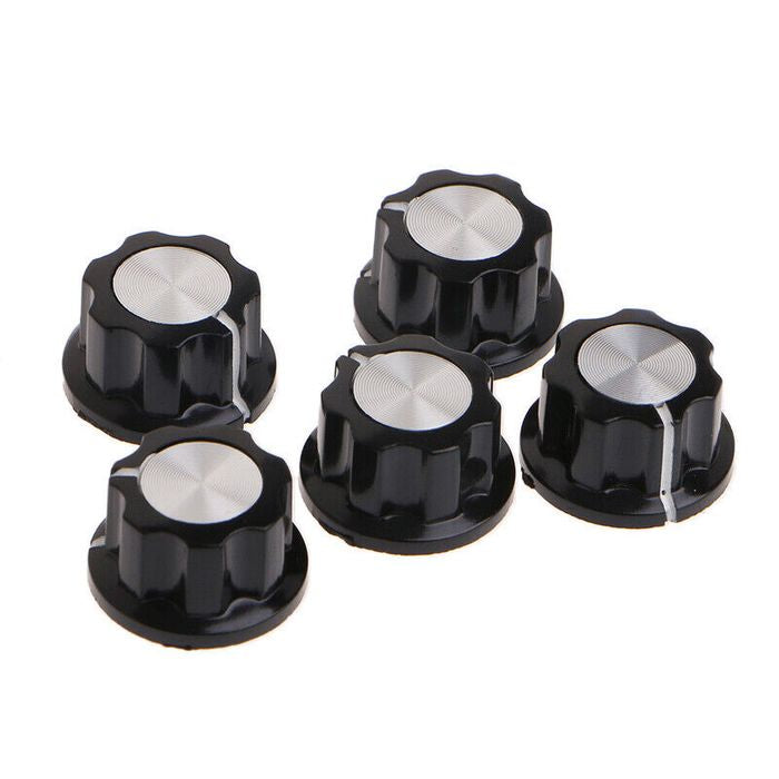 Potentiometer Knob Cap Inner 6mm Rotary Switch - a set of five black plastic knobs with silver circular tops and a white indicator line.