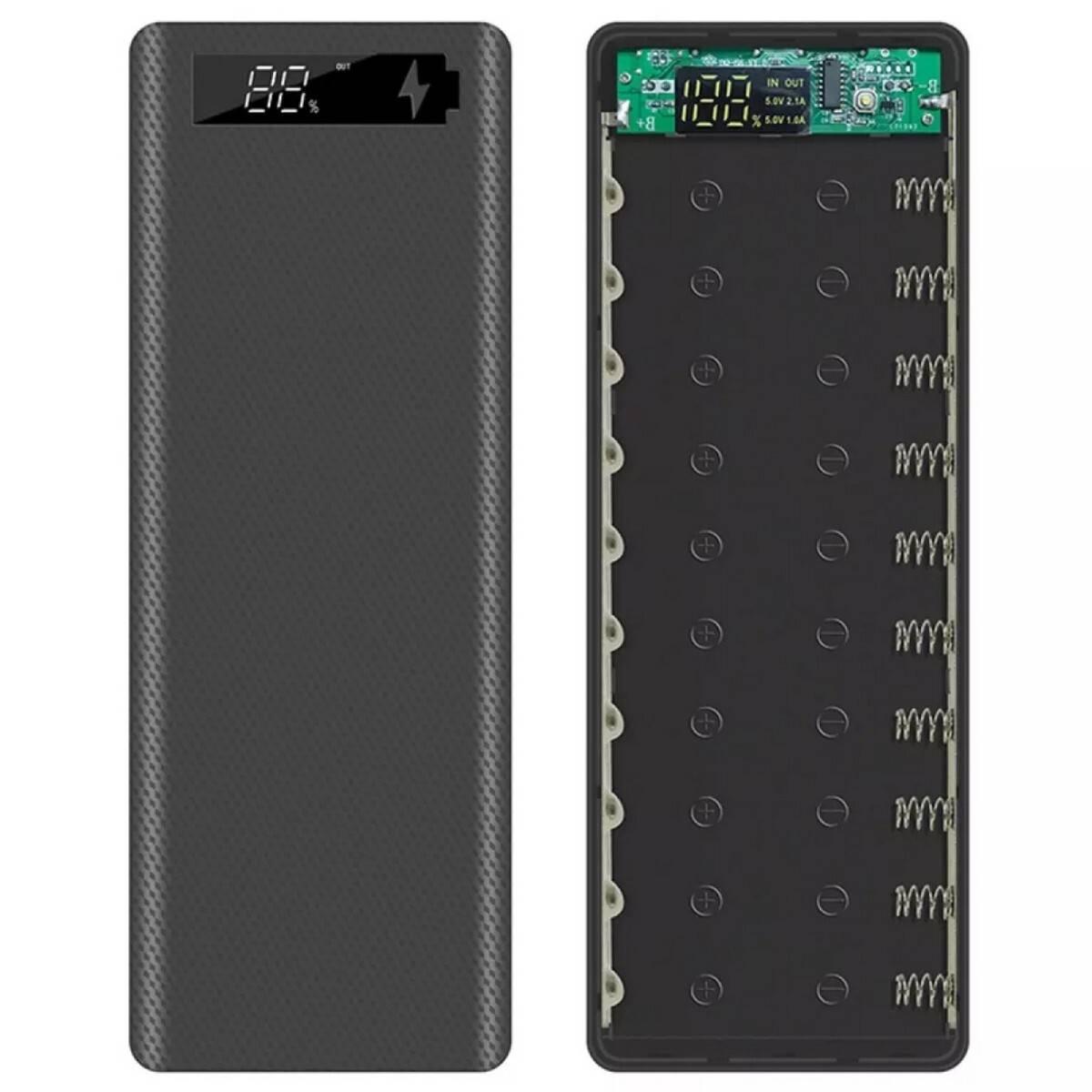 Power Bank Case 10 Cell 18650 Rechargeable Batteries Dual Output/dual Input Micro USB And Type-c 10 Cell Power Bank Case - shown as a black rectangular housing with a digital display and an open interior revealing ten battery slots and springs.