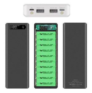 Power Bank Case 10 Cell 18650 Rechargeable Batteries Dual Output/dual Input Micro USB And Type-c 10 Cell Power Bank Case - the top port panel, front display, internal battery layout, and back casing with printed specifications.