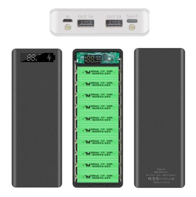 Power Bank Case 10 Cell 18650 Rechargeable Batteries Dual Output/dual Input Micro USB And Type-c 10 Cell Power Bank Case - the top port panel, front display, internal battery layout, and back casing with printed specifications.