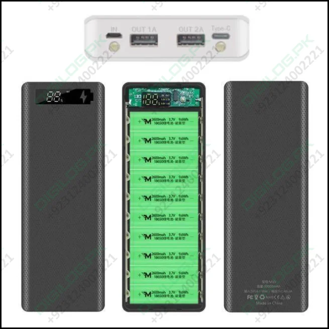 Power Bank Case 10 Cell 18650 Rechargeable Batteries Dual