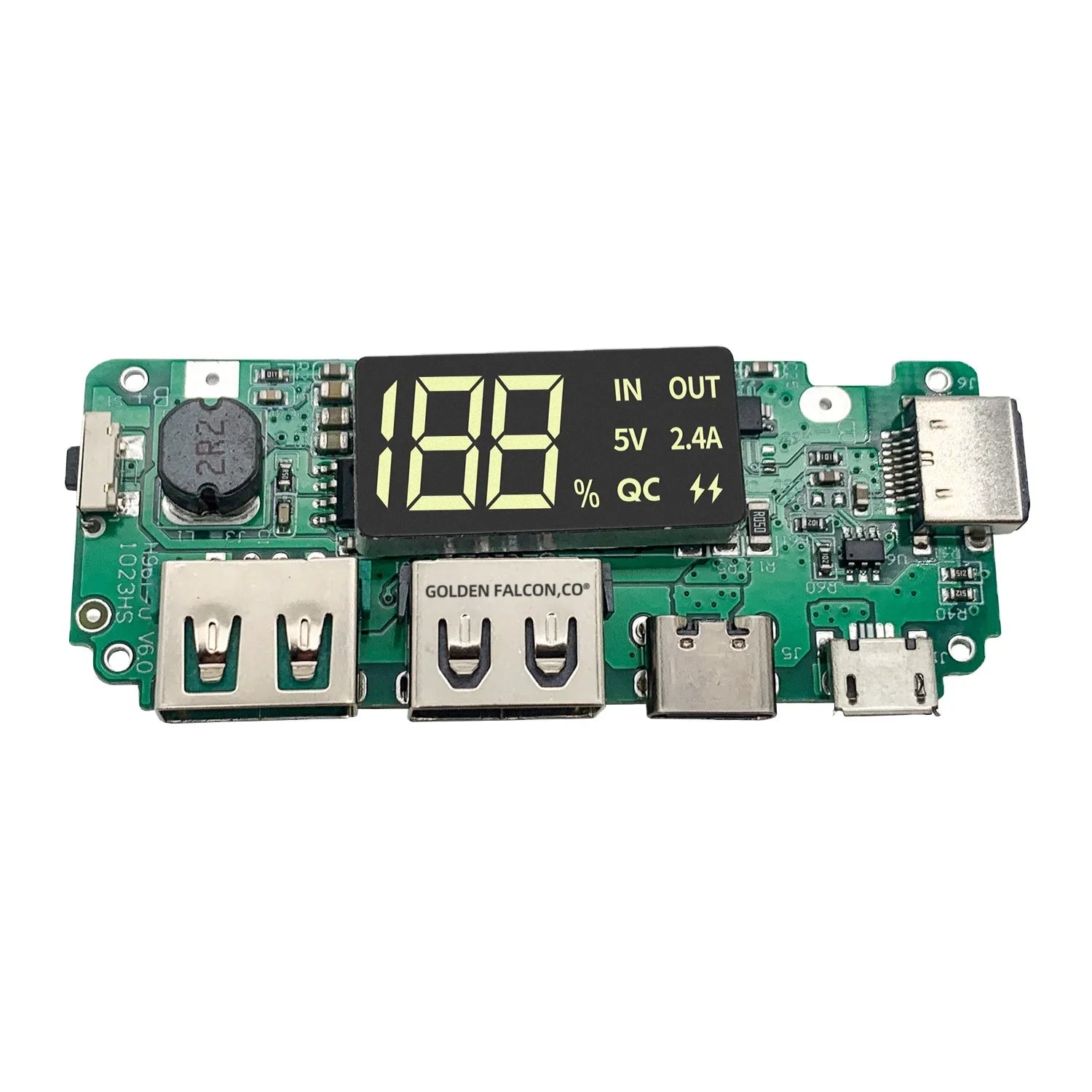 Power Bank Module For 18650 Cells And Lithium Polymer Batteries - a green circuit board with a digital display showing 188, USB ports, and connectors.