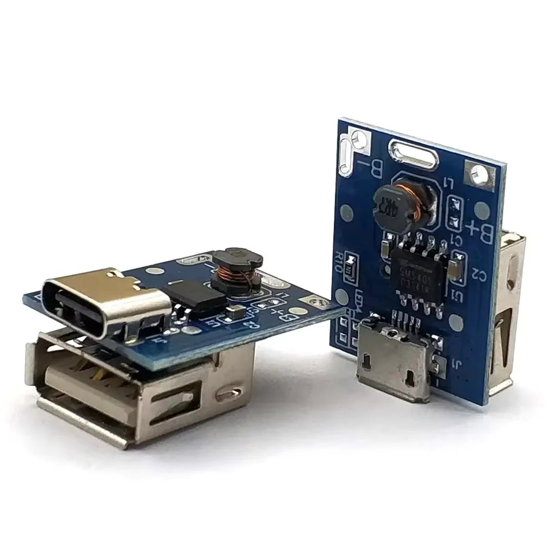 Power Bank Module Single USB Type C 5V-1A - two blue circuit boards, each with a USB-A port, a charging port, and electronic components.