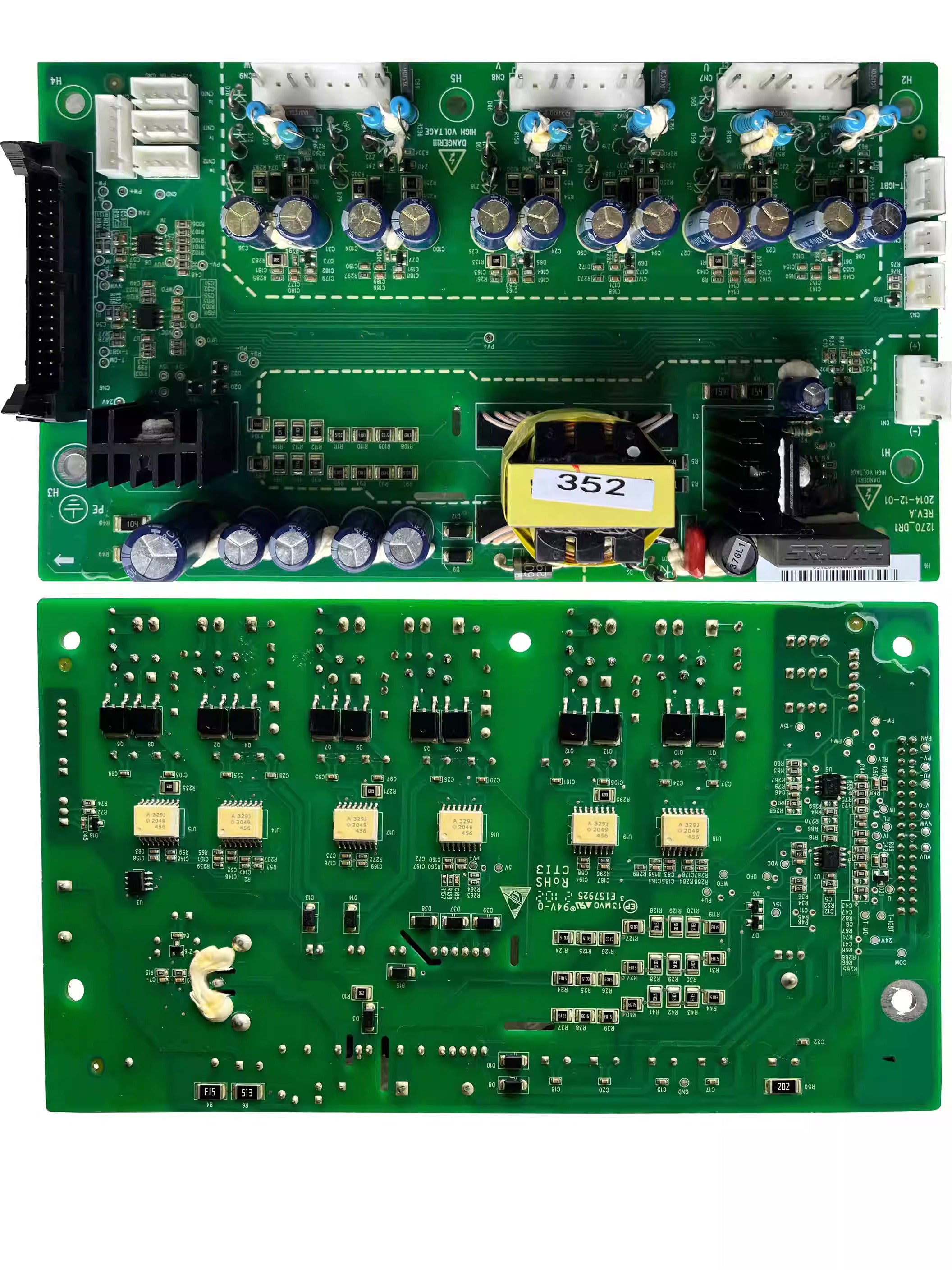 Power Board for INVT 37kW-110kW, CHF100A/CHE100/CHV100 - CHF100A/CHE100/CHV100 showing the top and bottom sides of the green rectangular circuit board with multiple connectors.