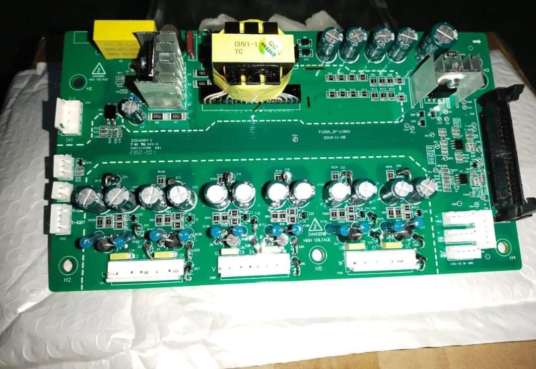 Power Board for INVT 37kW-110kW, CHF100A/CHE100/CHV100 - CHF100A/CHE100/CHV100, showing a green rectangular circuit board with multiple capacitors, connectors, and a transformer.