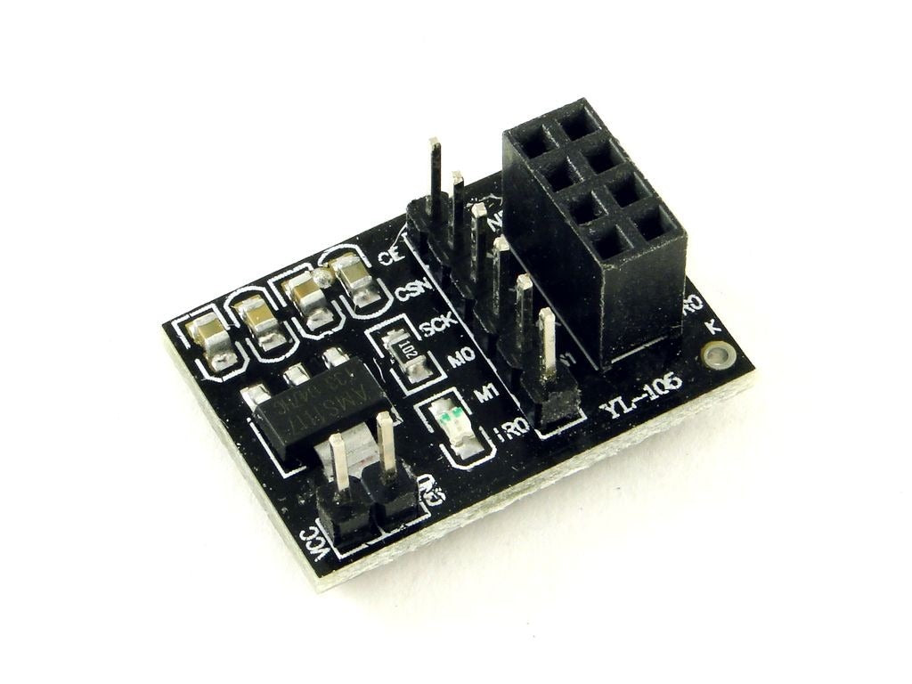 Power Module for NRF24L01 with Step-Down Voltage Converter - 3.3V Output 1A - black circuit board with an 8-pin female header, a 2-pin VCC/GND connector, and multiple labeled pins including CE and SCK.