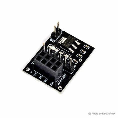 Power Module for NRF24L01 with Step-Down Voltage Converter - 3.3V Output 1A - black circuit board featuring an 8-pin female header, a voltage regulator, and pins.