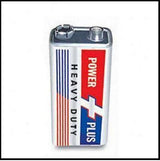 Power Plus 9V Battery High Quality Alkaline Battery - a rectangular silver-cased battery with red and blue labels featuring a positive and negative terminal on the top.