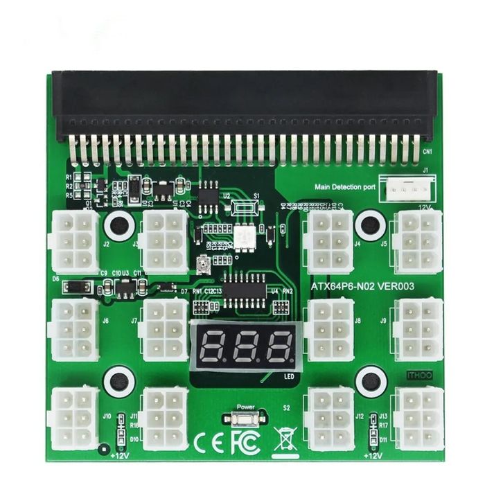 Power Supply Server 12 Port 6Pin 12V Breakout Board With LED Digital Display For 1200W 1000W 750W PSU GPU - a green rectangular circuit board featuring twelve 6-pin connectors, a digital LED display, and S2.