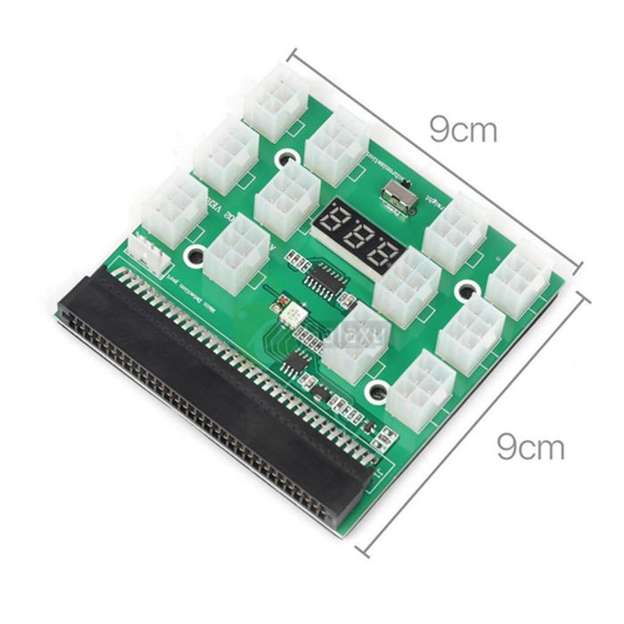 Power Supply Server 12 Port 6Pin 12V Breakout Board With LED Digital Display For 1200W 1000W 750W PSU GPU - a green circuit board with twelve 6-pin connectors, a 3-digit LED display, and a black edge connector.