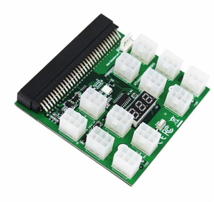 Power Supply Server 12 Port 6Pin 12V Breakout Board With LED Digital Display For 1200W 1000W 750W PSU GPU - a green circuit board with twelve white 6-pin connectors, a black edge connector, and an LED.