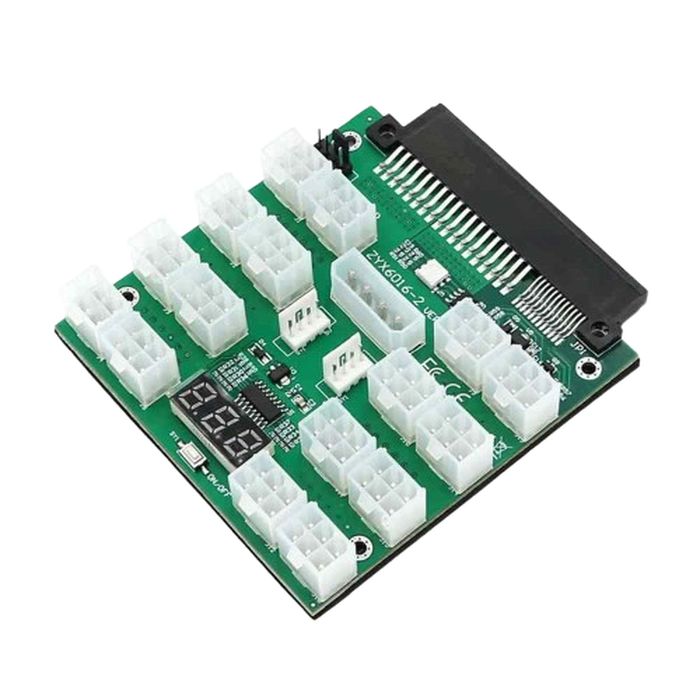 Power Supply Server 12 Port 6Pin 12V Breakout Board With LED Digital Display For 1200W 1000W 750W PSU GPU - a green circuit board with twelve 6-pin connectors, a black edge connector, and an LED display.