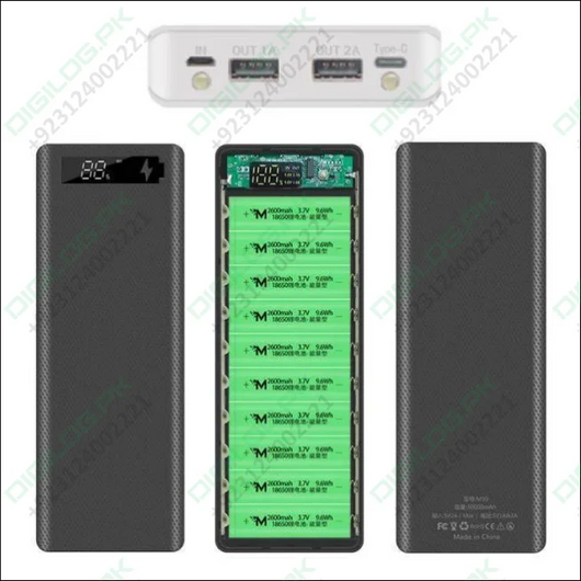 Power Bank Case 10 Cell 18650 Rechargeable Batteries Dual