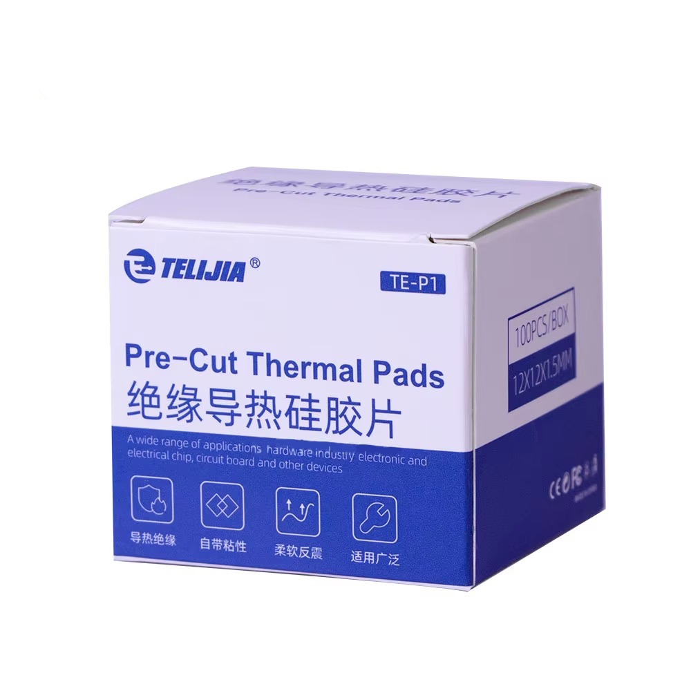 Pre-Cut Thermal Silicone Pads TE-P1 12x12x1.5mm (100 Pcs) - shown in a white and blue cardboard retail box with product specifications printed on it.