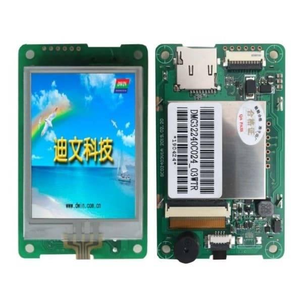 Pre Order Dwin HMI 2.4 Inch LCD Resistive Touch Display DMG32240C024_03WTR - the front screen with a landscape image and the green circuit board back.