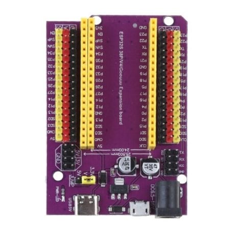 Pre Order ESP32 38PIN Expansion Board - a purple rectangular circuit board featuring multiple rows of pin headers, a DC power jack, and two USB ports.