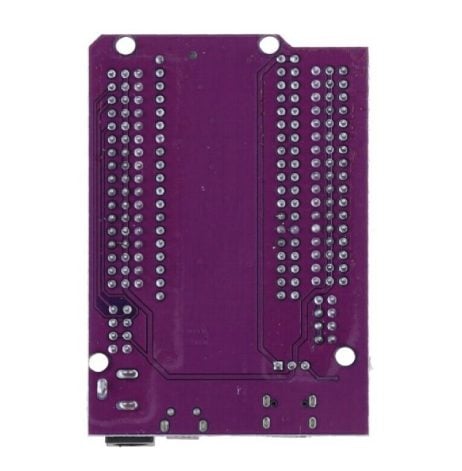 Pre Order ESP32 38PIN Expansion Board - the bottom side of the purple PCB with two rows of pin headers and a power port at the bottom edge.