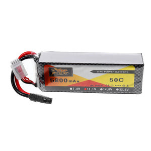 Pre-Order LiPo battery 5200mAh 11.1V 50C 3S Li-Po 3 cell DJI quadcopter Li-Po - a rectangular black and yellow battery pack with a discharge connector and a white balance charging plug.