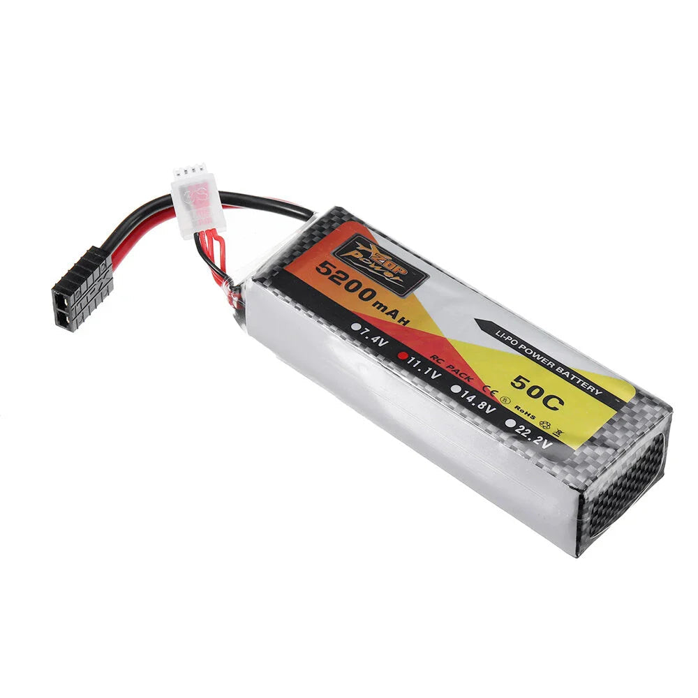 Pre-Order LiPo battery 5200mAh 11.1V 50C 3S Li-Po 3 cell DJI quadcopter Li-Po - a rectangular black and silver carbon-fiber patterned pack with a red and black power cable and a white balance connector.