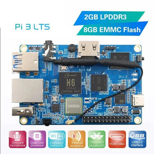 Pre Order Orange Pi 3 LTS Single Board Computer 2GB RAM AllWinner H6 8GB EMMC Development Board Computer Run Android9.0 Ubuntu Debian OS - with a blue PCB, featuring an AllWinner H6 processor, USB ports, Ethernet, HDMI, and a black antenna.
