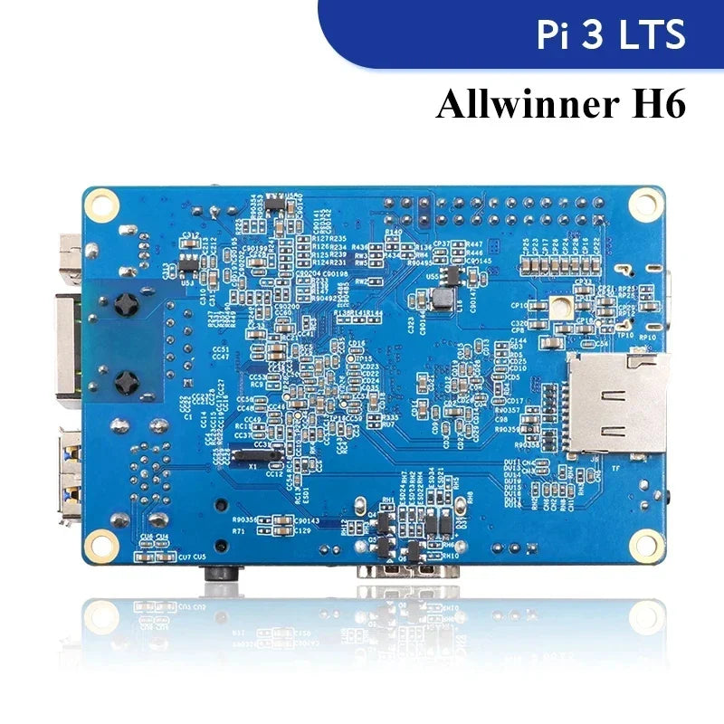 Pre Order Orange Pi 3 LTS Single Board Computer 2GB RAM AllWinner H6 8GB EMMC Development Board Computer Run Android9.0 Ubuntu Debian OS - a blue rectangular circuit board featuring visible ports, a microSD card slot, and various integrated components.